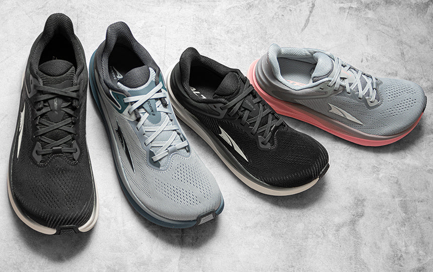 altra road running and trail running shoes on white background