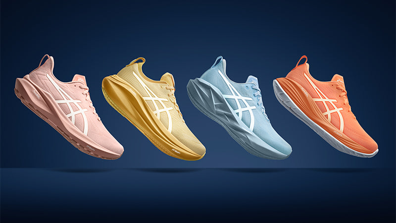 digital rending of ASICS Lite-Show running shoes illuminated against a dark blue background