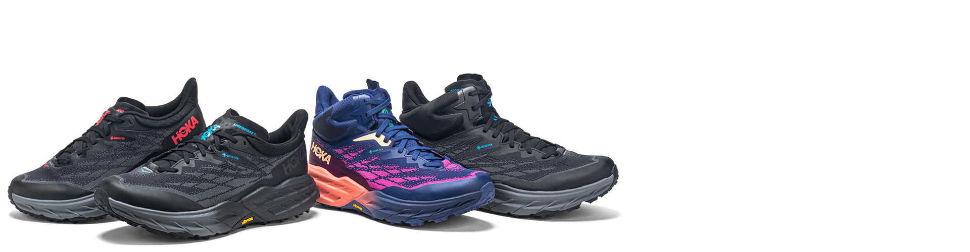 hoka speed goat 4 trail running shoes on white background