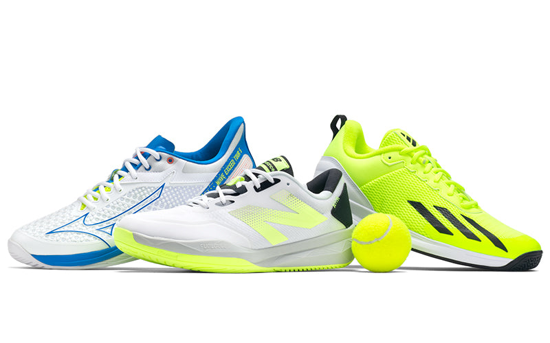 Men's Tennis Shoes on white background mizuno new balance adidas