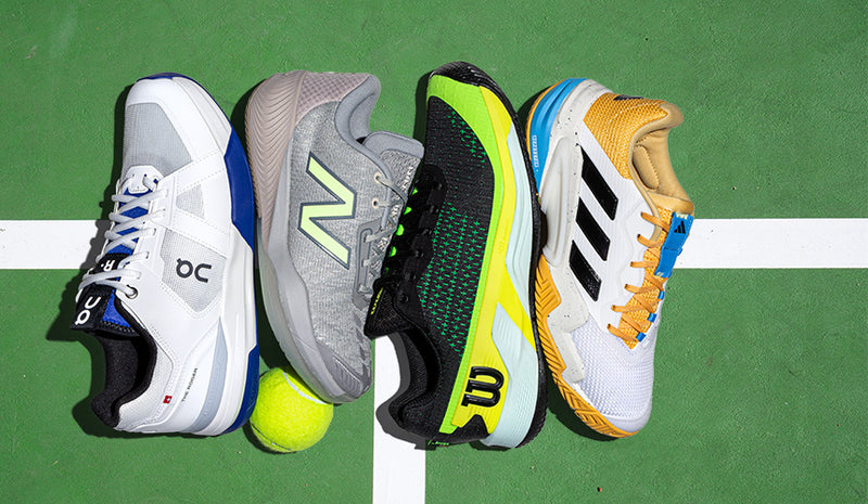 on new balance wilson adidas tennis shoes on tennis court