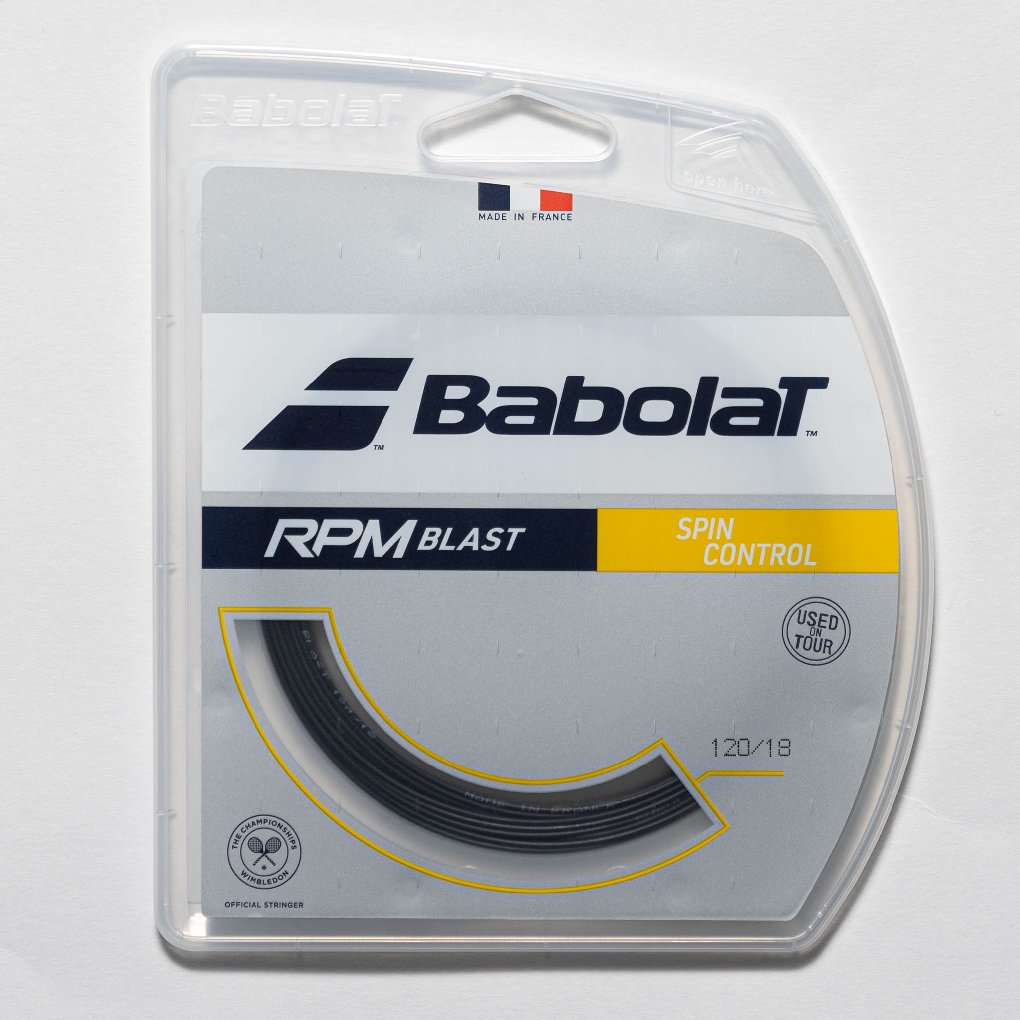 Packaging of Babolat RPM Blast 18 tennis string featuring the string gauge and the brand logo, with a yellow and black color theme.