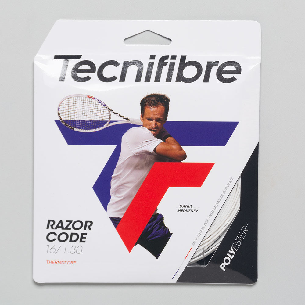 Packaging for Tecnifibre Razor Code 16 1.30 tennis string featuring a male tennis player in mid-swing on the front.