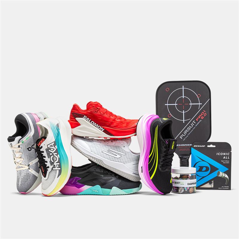 Colorful athletic shoes and related products on a white background