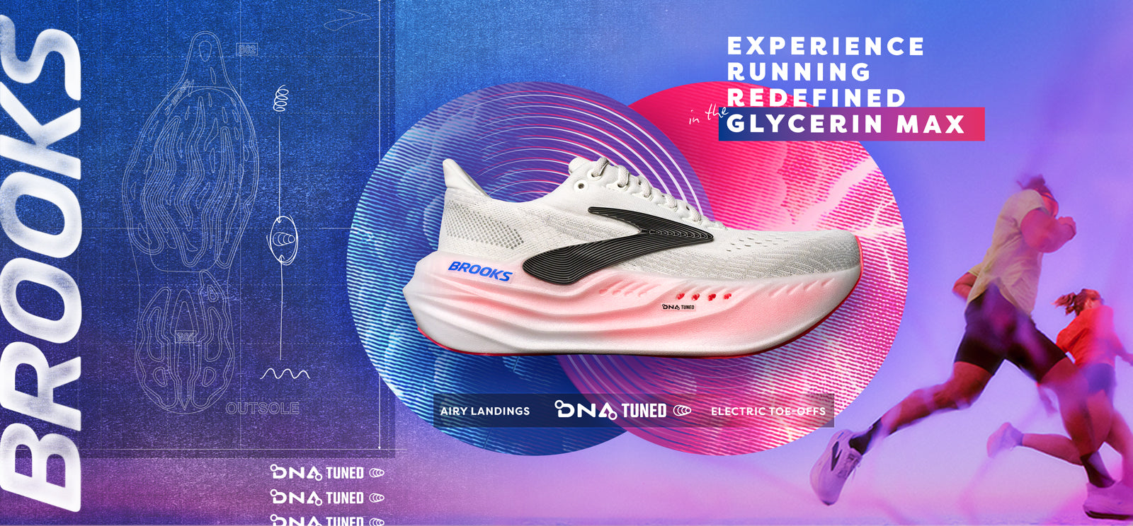 The image features a Brooks running shoe, the Glycerin Max, set against a colorful and dynamic backdrop. The shoe is prominently displayed in a side profile view, with its white and light pink design standing out. The background includes a mix of blueprints and vibrant pink and purple gradients, suggesting advanced technology and energy. The text on the right reads: "Experience Running Redefined in the Glycerin Max."
