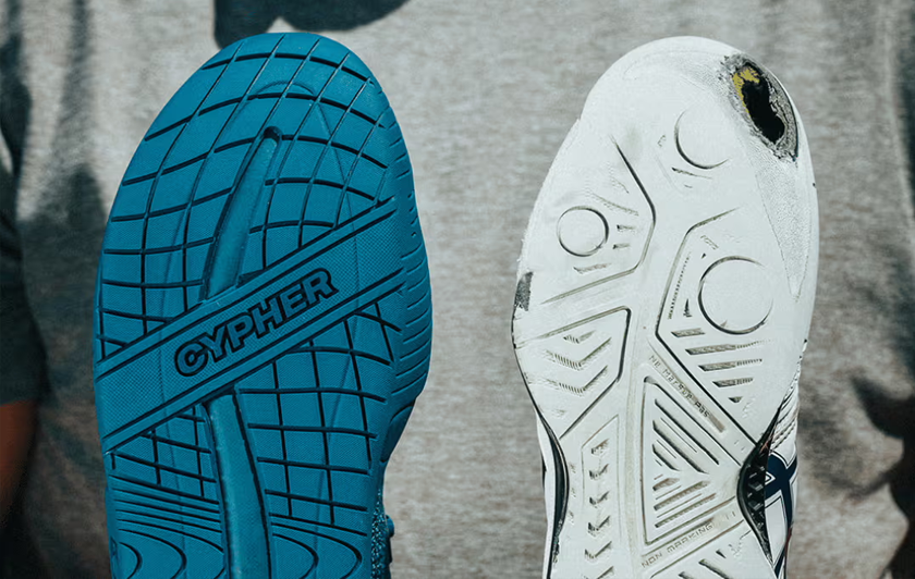 an image showing the durability of the Cypher Pickleball Key211 shoes in comparison to a competitors shoe that has a hole in the outsole