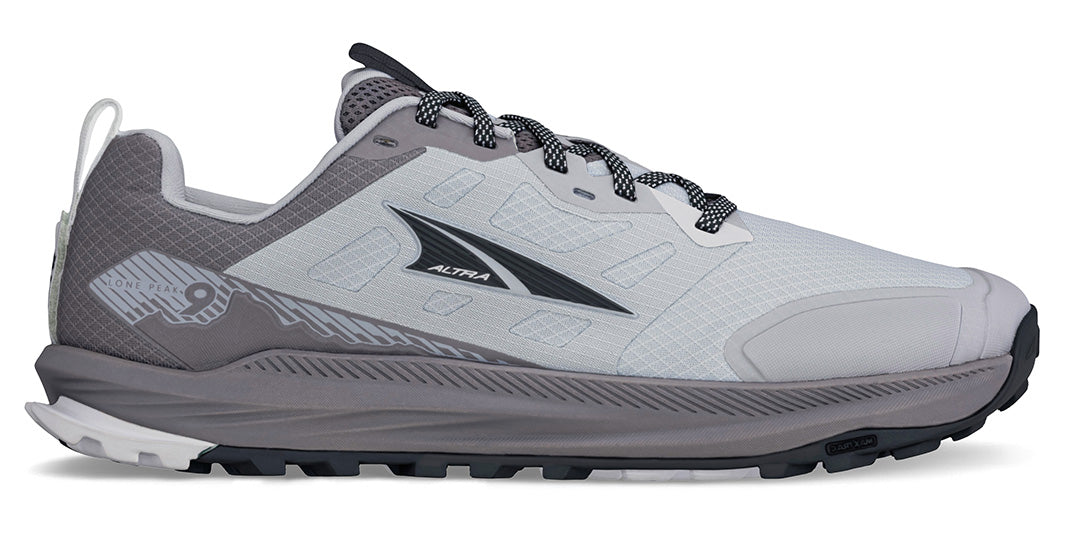Lateral view of Altra Lone Peak 9 trail running shoes on a white background