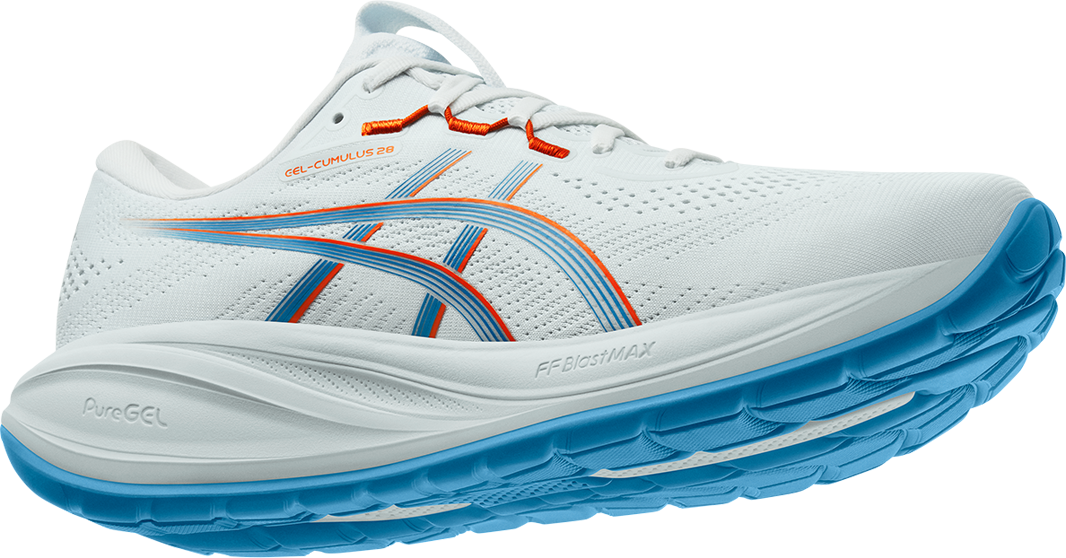 White ASICS GEL-Cumulus 28 running shoes with orange and blue accents on a white background