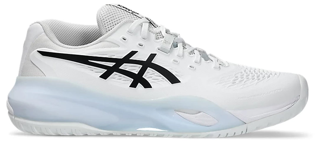 White ASICS GEL-Resolution X tennis shoe with black logo on a white background