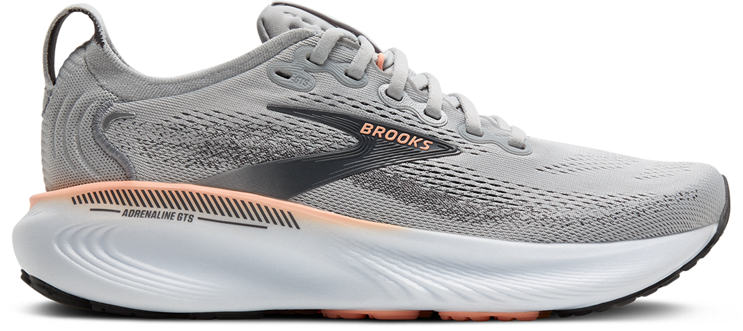 Gray Brooks Adrenaline GTS 25 running shoe with pink accents on a white background