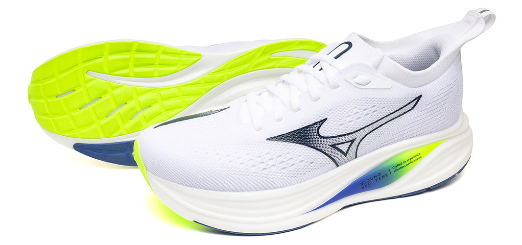 A pair of white Mizuno Neo Zen 2 running shoes with yellow-green and blue accents on a white background