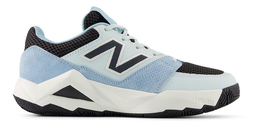 A light blue, black and white New Balance Coco Delray tennis shoe on a white background