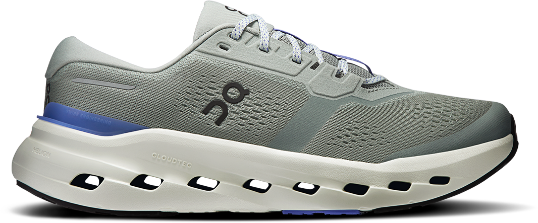 Gray On Cloudrunner 3 running shoe with blue accents on a white background