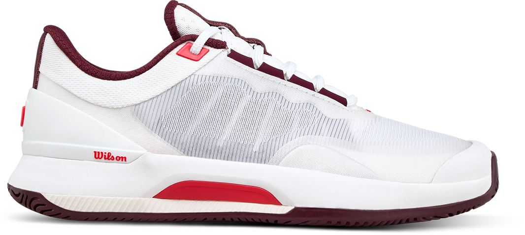 White and red Wilson Intrigue Tour tennis shoe with maroon accents on a white background