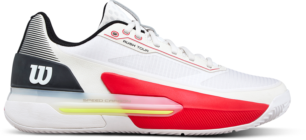 White Wilson Rush Tour 5 tennis shoe with black and red accents on a white background
