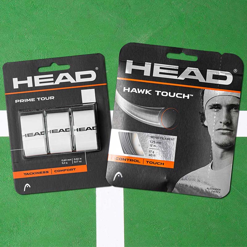 HEAD tennis grips and strings on a green tennis court.