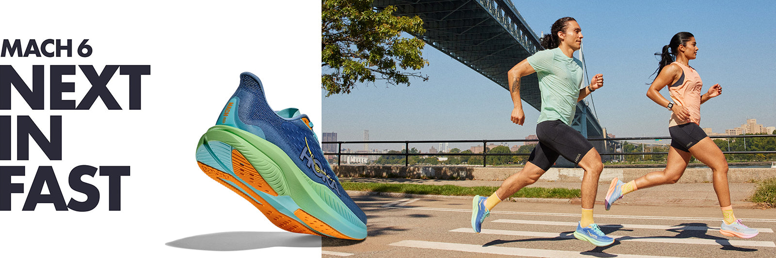 Vibrant image featuring a large, multi-colored HOKA Mach 6 running shoe with 'Mach 6 Next in Fast' text. A man and a woman, both wearing the HOKA Mach 6 running shoes, sprint down a dynamic urban street scene, exuding speed and energy