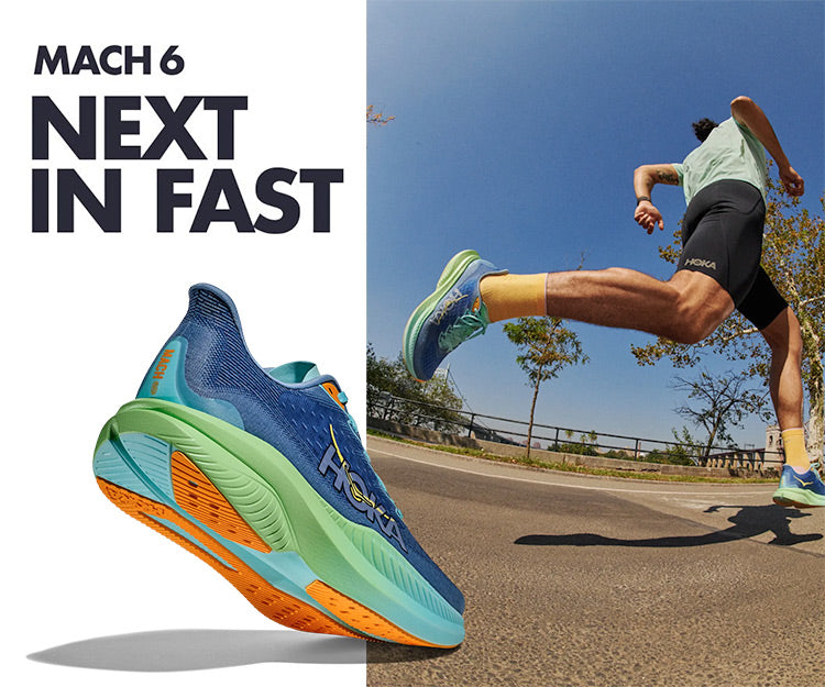 Vibrant image featuring a large, multi-colored HOKA Mach 6 running shoe with 'Mach 6 Next in Fast' text. A man wearing the HOKA Mach 6 running shoes, sprinting down a dynamic urban street scene, exuding speed and energy