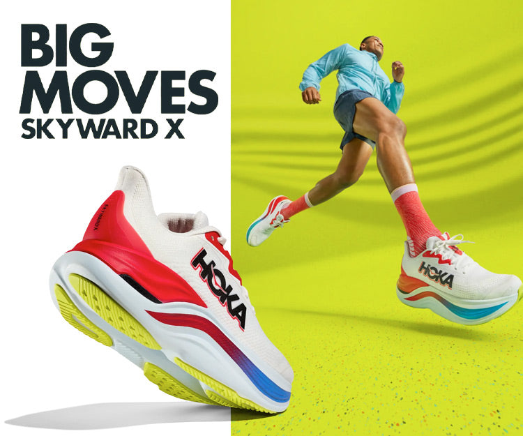 An image featuring the HOKA Skyward X shoe overlaid on a picture of a man running, with a vibrant background. Text overlay reads 'Big Moves Skyward X', highlighting the dynamic energy and performance of the shoe