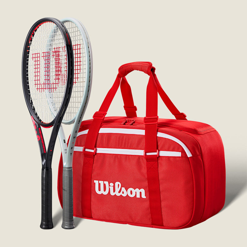 Red Wilson tennis bag with a black and red tennis racket on a beige background