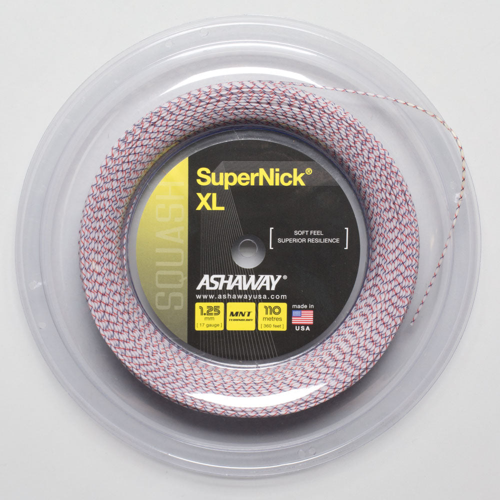 A reel of Ashaway Supernick XL 17 squash string in white with red accents.