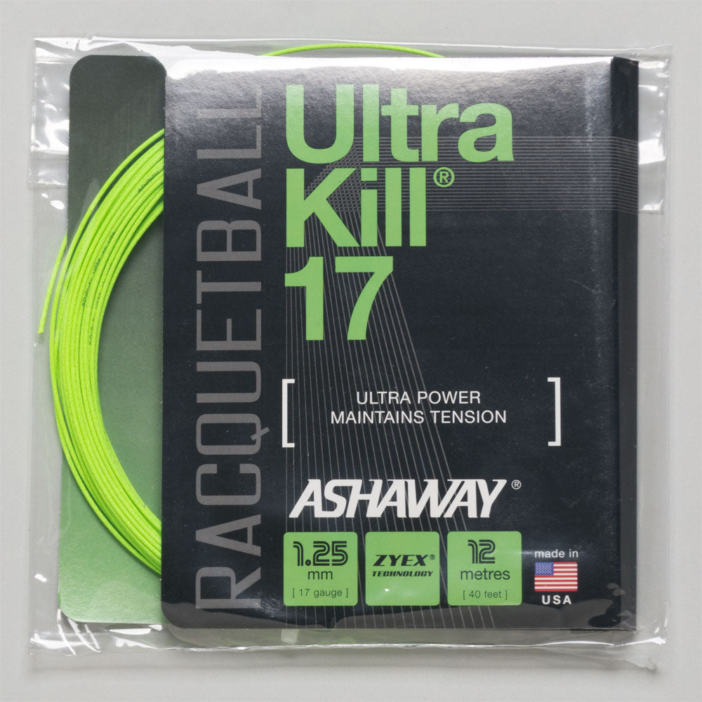 Packaging of Ashaway UltraKill 17 racquetball string in green color with product details.