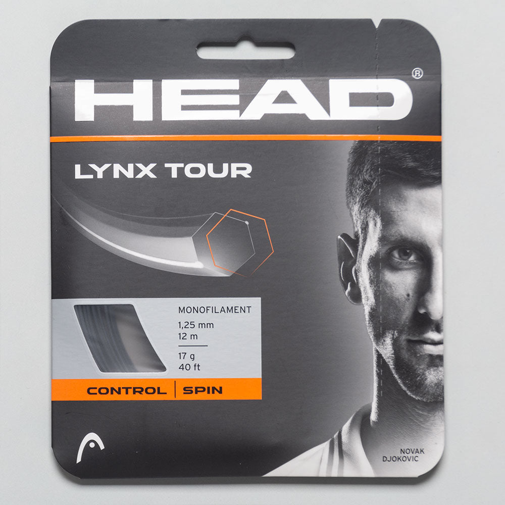 Packaging for HEAD Lynx Tour 17 1.25 tennis strings featuring a male tennis player and product details.
