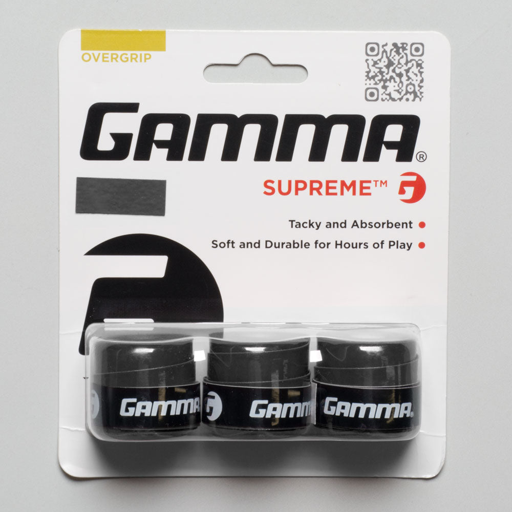 A pack of three Gamma Supreme Overgrip for racquetball and tennis, displayed in retail packaging.