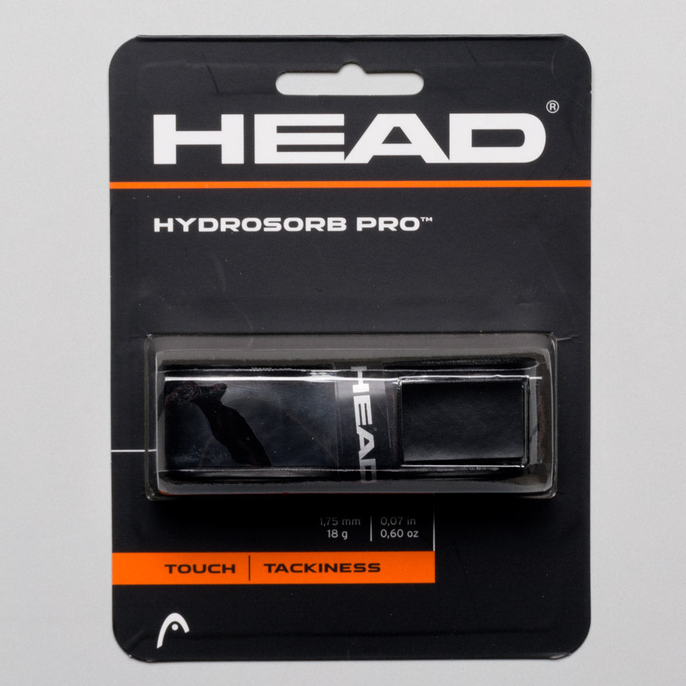 HEAD HydroSorb Pro replacement grip for tennis rackets, packaged in black and orange card with product information.