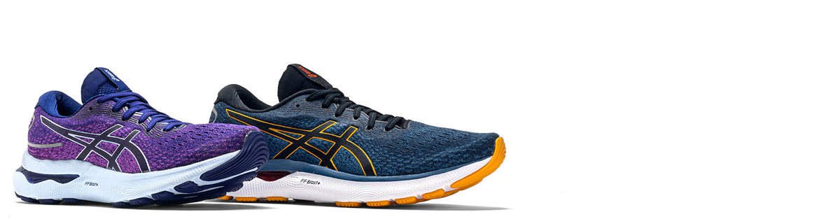 asics gel nimbus running shoes on white background