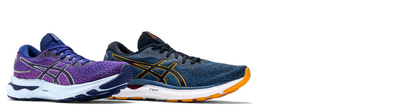 asics gel nimbus running shoes on white background