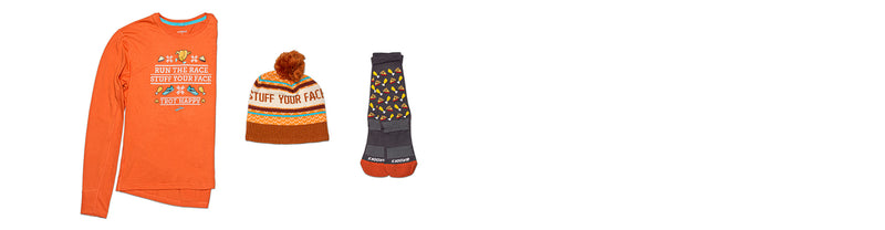 brooks trot happy collection distance graphic tee heritage pom beanie and tempo knit crew sock on white background