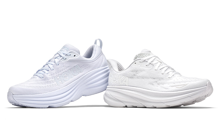 hoka bondi 8 hoka clifton 9 white on white background