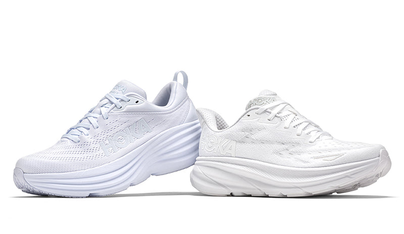 hoka bondi 8 hoka clifton 9 white on white background