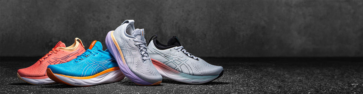 asics nimbus 25 running shoes on white background