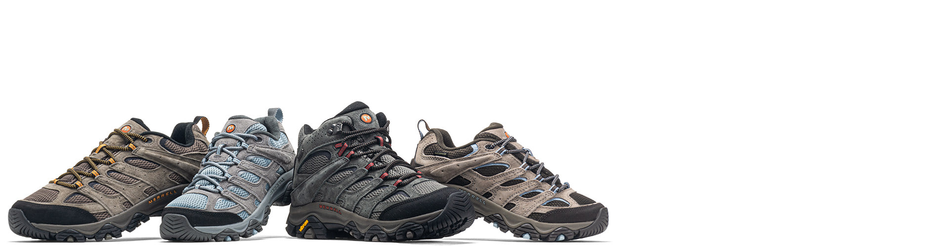 merrell moab 3 hiking shoes low, mid and waterproof versions on white background