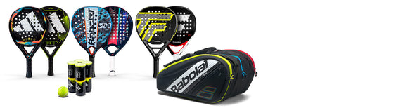 padel racquets, balls and bags on white background. adidas, babolat, tecnifibre and dunlop featured.