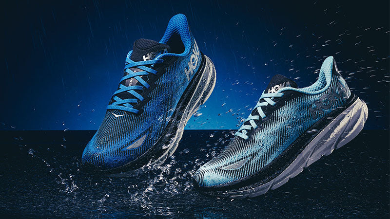 Altered image of men's and women's Clifton 9 GTX running shoes hovering over splashing water against a blue gradient background