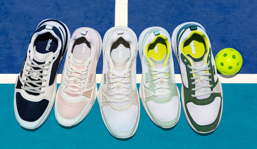 top down view of OluKai pickleball shoes on court