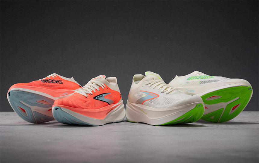 Brooks Hyperion Max running shoes on a grey background