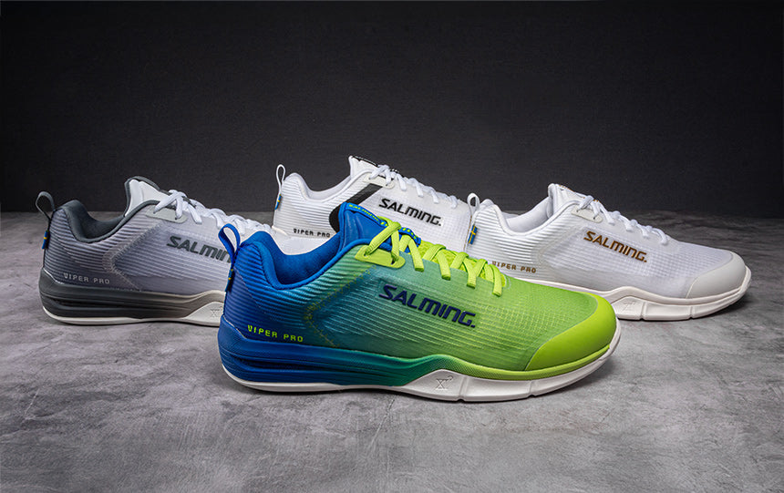 Salming Viper indoor squash shoes on a gray background