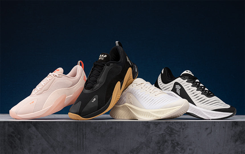 Split image with R.A.D training shoes sitting on concrete in studio setting.