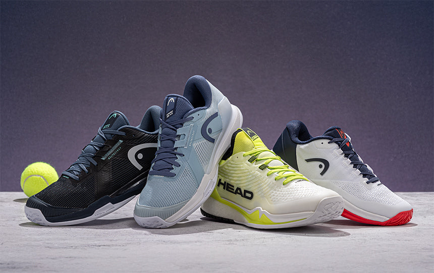 Four HEAD tennis shoes and a tennis ball