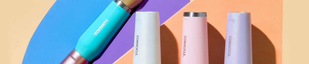 Array of colorful Corkcicle Stemless Flutes