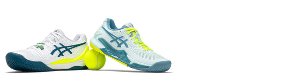 asics gel resolution 9 tennis shoes on white background