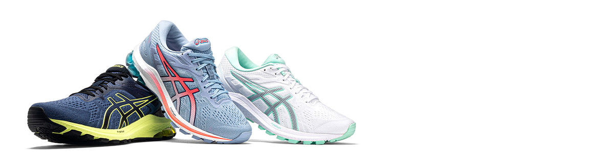 ASICS GT-1000 10 Men's Storm Blue/Thunder Blue and Women's Soft Sky/Blazing Coral and White/Pure Silver running shoes displayed on a clean white background.
