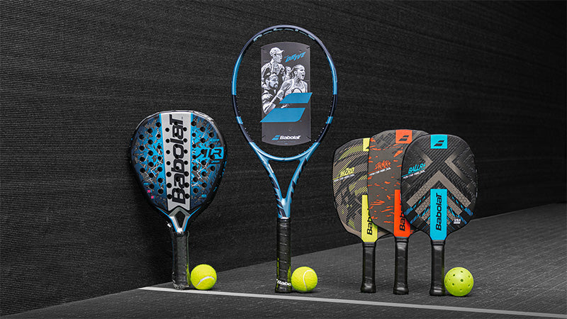 Padel, Tennis and Pickleball gear by Babolat on a dark surface with a black background