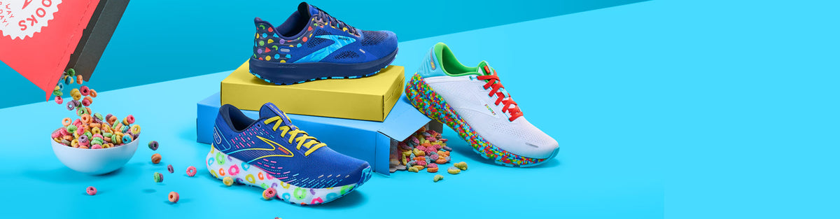 Cereal-themed running shoes and colorful cereal on a blue background