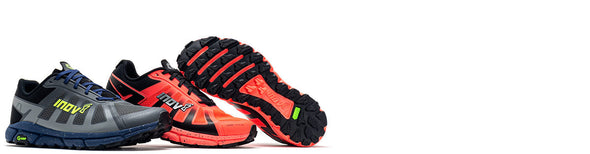 inov-8 Terraultra G 270 Men's Grey/Navy/Green and Women's Coral/Black trail running shoes sitting on a clean white background.