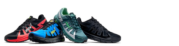 inov-8 TrailFly G 270 Men's Black/Red, Blue/Nectar, Black and Women's Pine/Mint trail running shoes displayed on a clean white background.